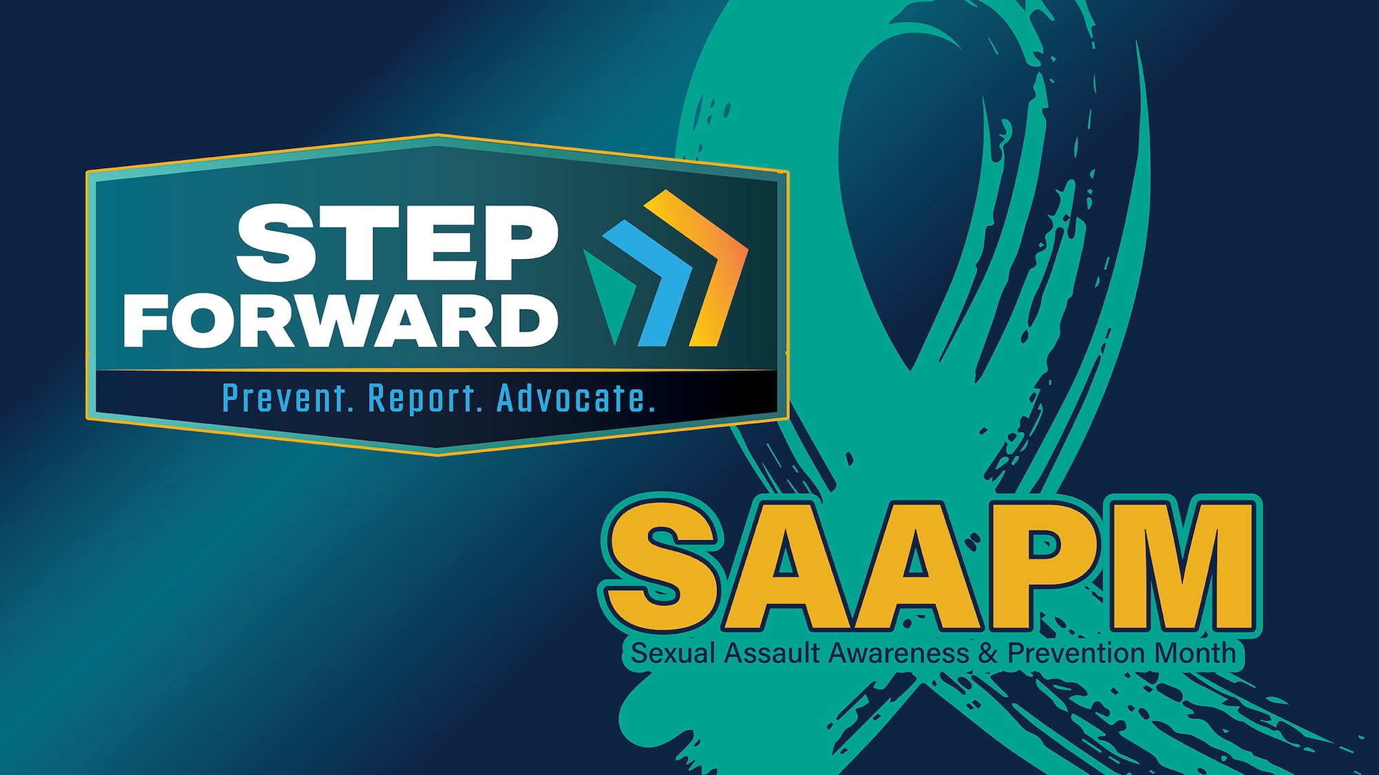 A SAAPM graphic featuring a teal ribbon and the theme "Step Forward. Prevent. Report. Advocate."