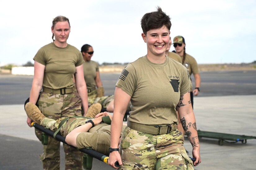 Combat medics from the 56th Stryker Brigade Combat Team who are deployed to the Horn of Africa conduct joint medical evacuation cold-load training aboard a KC-130J aircraft at Camp Lemonnier, Djibouti, March 5, 2024. The purpose of the training is to ensure interoperability with key U.S. military assets to expedite patient transfers to and from an aircraft in the event life saving measures and medical evacuation are requested. (U.S. Army National Guard photo by Capt. Amanda Mayer)