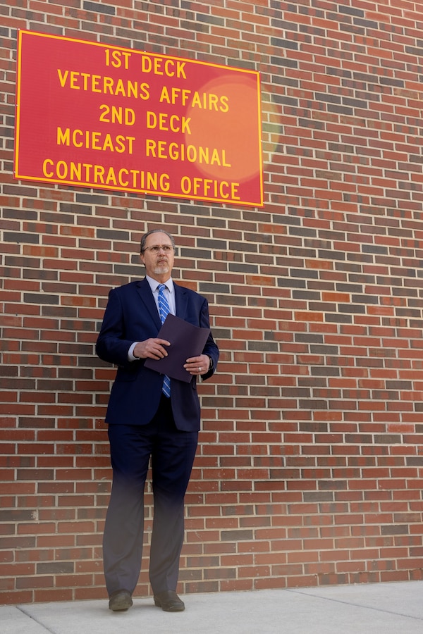Mr. Mark Bilosz, Winston-Salem Veterans Affairs (VA) Regional Benefit Office director, gives remarks during the VA Benefits Delivery at Discharge (BDD) Intake Site ribbon cutting ceremony on Marine Corps Base Camp Lejeune, North Carolina, March 18, 2024. The new VA BDD Intake Site, located at Bldg. 316 on G Street, supports service members through the BDD process, allowing service members to file a claim for service-connected disabilities up to 180 days prior to separation. The BDD site also supports service members going through the Integrated Disability Evaluation System process and veterans seeking support from the VA. (U.S. Marine Corps photo by Lance Cpl. Alyssa J. DeCrane)
