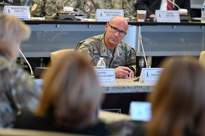 Chief Master Sgt. of the Space Force John Bentivegna listens to a speaker during the Guardian Field Forum at Joint Base Andrews, Md., March 15, 2024. The forum is a week-long event that brings together junior Guardians and senior Space Force leaders to collaborate on initiatives to improve the Space Force. (U.S. Air Force photo by Eric Dietrich)