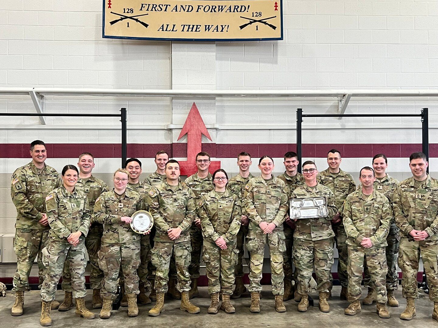 Members of Hotel Company, 132nd Brigade Support Battalion, stand together for a group photo following their participation in the 56th Philip A. Connelly culinary competition at their Eau Claire armory on March 17, 2024. This Wisconsin Army National Guard unit was just one of four units that made it to the final level of the competition for fiscal year 24. (U.S. National Guard photo by Sgt. Nina Kowalkowski)