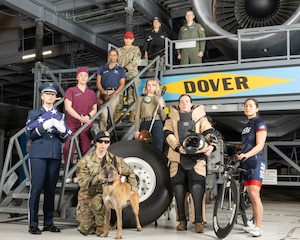 Women of Team Dover pose in the uniform associated with their professions or hobbies at Dover Air Force Base, Delaware, March 15, 2024. From top right: U.S. Air Force Tech. Sgt. Kayla Cacicia, 326th Airlift Squadron loadmaster, Airman Massiel Perez, 436th Force Support Squadron services apprentice, Senior Airman Christina Tiller, 436th Security Forces Squadron combat arms instructor, Senior Airman Jasmine Barnhardt, 436th FSS Fitness Assessment Cell specialist, Senior Airman Kayla Dia, 436th Operational Medical Readiness Squadron oral prophylaxis technician, Airman 1st Class Zoey Baylor, 436th Logistics Readiness Squadron Dover Honor Guard flight lead, Senior Airman Courtney Burns, 436th SFS military working dog handler, Senior Airman Madison Maloney, 436th Civil Engineer Squadron explosive ordnance disposal technician, 1st Lt. Rose Smith, 436th Medical Group resource management flight commander and USAF athlete of the year. The group showcases a wide range of Air Force uniforms used on a daily basis or for specific tasks.(U.S. Air Force photo by Mauricio Campino)