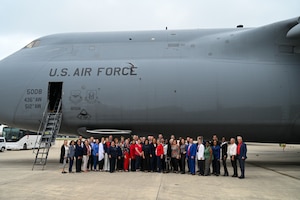 Masters Leadership Program of Greater San Antonio members board a C-5M Super Galaxy as part of their tour across Joint Base San Antonio-Lackland, Texas Mar. 14, 2024.