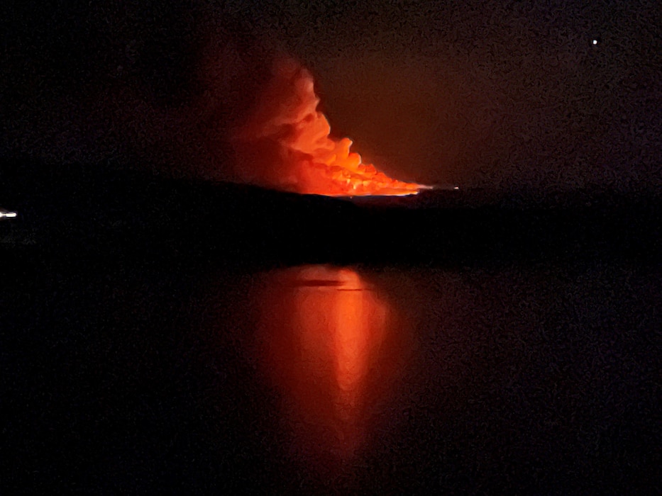 The Black Feather Fire as seen from the Abiquiu Lake South Dock at dusk, Aug. 6, 2023. The fire burned approximately 2,200 acres in Rio Arriba County, N.M., in August 2023. Photo by Pamela Bowie, park ranger at Abiquiu Lake and SPD Water Safety Representative.