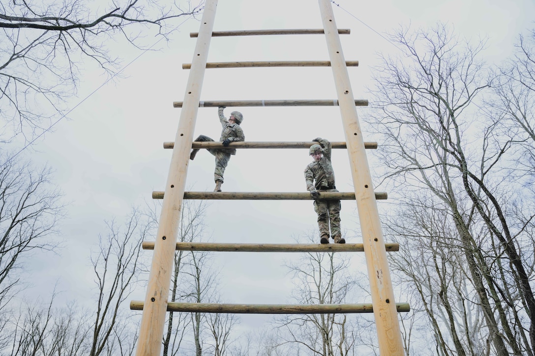 Two soldiers seen from a low angle climb a large ladder with bare trees in the backdrop.