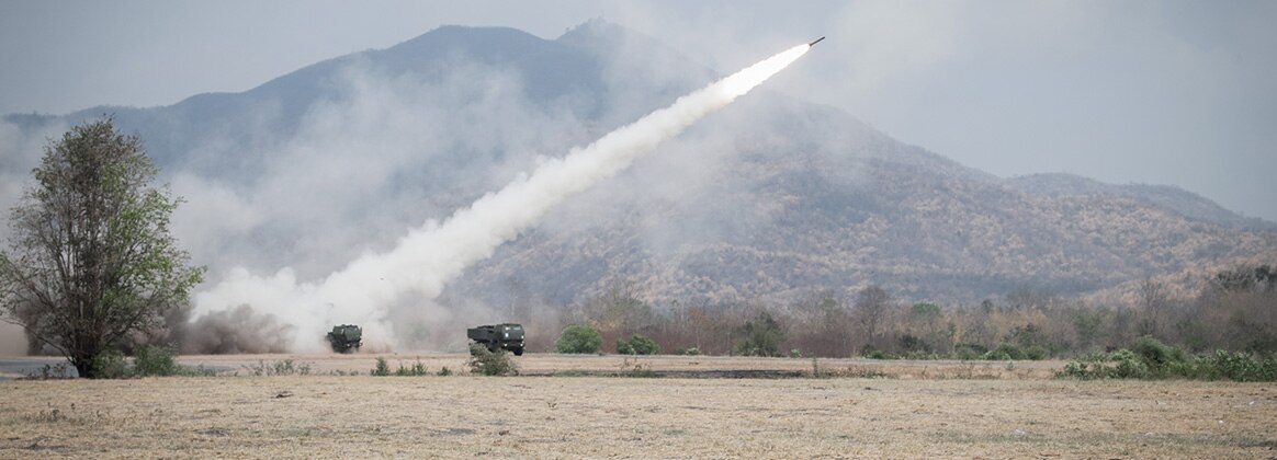 test image240304-Z-EJ372-1003 THAILAND (March 3, 2024) Two High Mobility Artillery Rocket Systems (HIMARS) with the 1-94th Field Artillery, 17th Field Artillery Brigade, fire a missile during exercise Cobra Gold 2024 on a range near Lop Buri, Thailand, March 4, 2024. HIMARS are a truck-mounted rocket artillery system, capable of launching multiple rockets from a single truck. Joint exercise Cobra Gold, now in its 43rd iteration, is the largest joint exercise in mainland Asia and a concrete example of the strong alliance and strategic relationship between Thailand and the United States. (U.S. Army National Guard photo by Sgt. Alec Dionne)