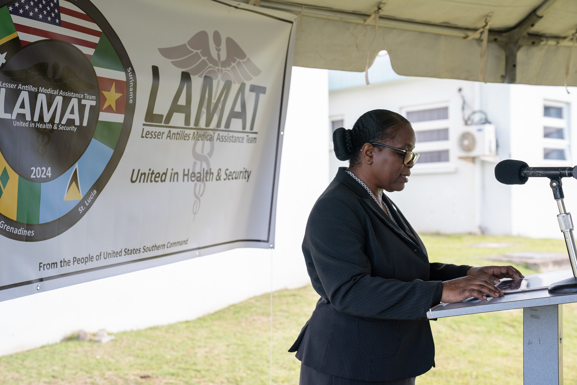 Ms. Kaye Bass, permanent secretary, Ministry of Foreign Affairs, delivers opening remarks at Joseph N. France General Hospital during the Lesser Antilles Medical Assistance Team opening ceremony in St. Kitts and Nevis, March 18, 2024. Forty-three U.S. Air Force active duty and reserve Airmen traveled to St. Kitts and Nevis in support of this year’s Lesser Antilles Medical Assistance Team mission, where they will be working alongside host nation counterparts to foster mutual collaboration and provide the best possible care for patients. (U.S. Air Force photo by Capt. Danny Rangel)