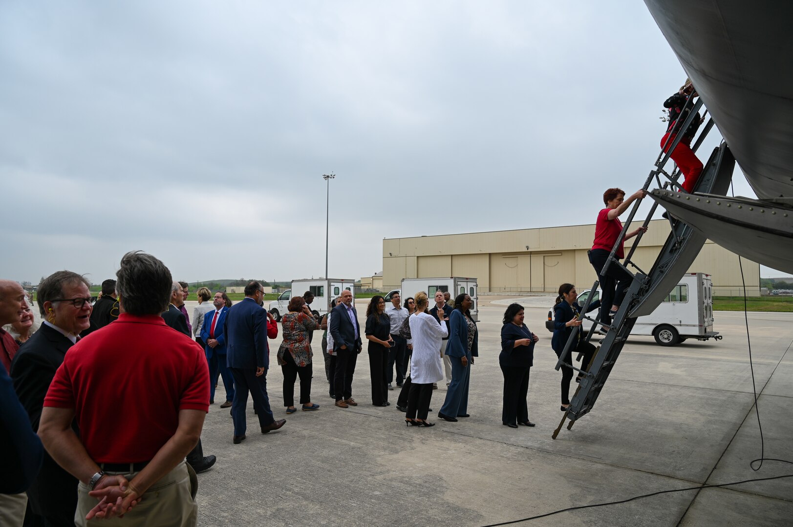 Masters Leadership Program of Greater San Antonio members board a C-5M Super Galaxy as part of their tour across Joint Base San Antonio-Lackland, Texas Mar. 14, 2024.