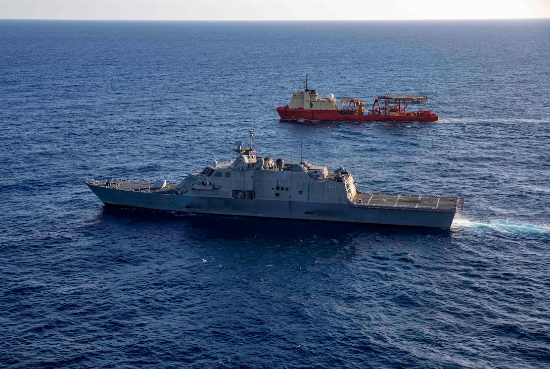 Ships sail on the sea.