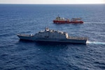 The littoral combat ship USS Billings participates in an exercise with the special mission ship U.S. Motor Vessel Kellie Chouest in the Caribbean Sea, Oct. 24, 2021.