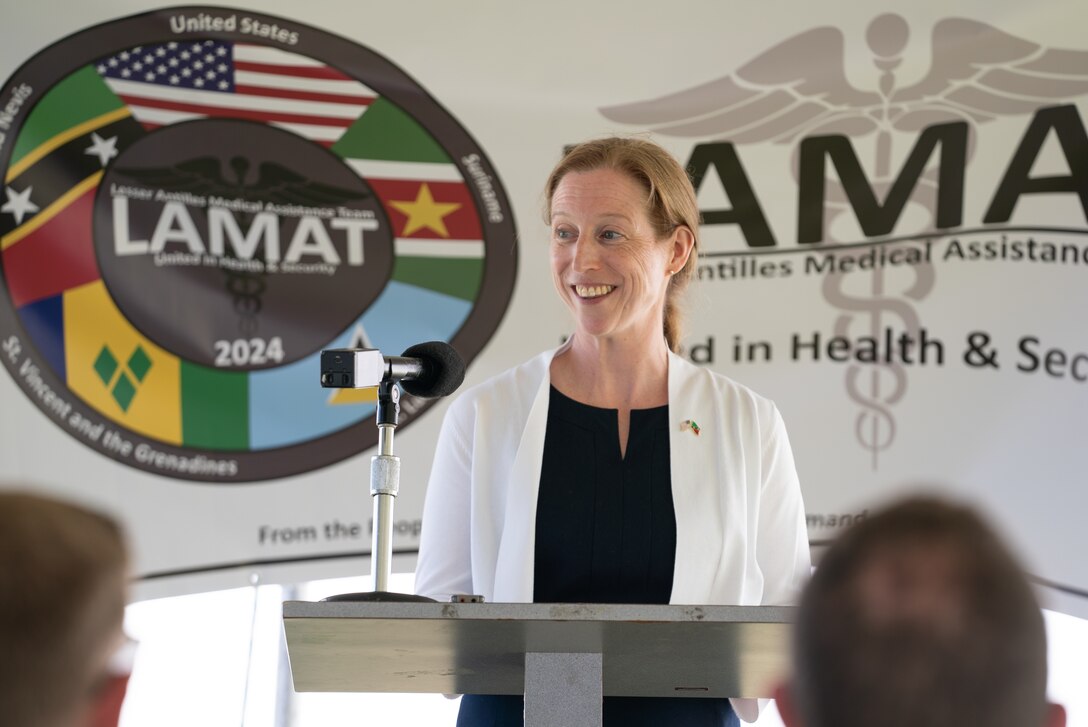 U.S. Air Force Col. Zoe Hawes delivers opening remarks at Joseph N. France General Hospital during the Lesser Antilles Medical Assistance Team opening ceremony in St. Kitts and Nevis, March 18, 2024. The medical assistance mission is meant to strengthen relationships with partner nation medical personnel while providing needed care for patients in St. Kitts and Nevis. (U.S. Air Force photo by Capt. Danny Rangel)