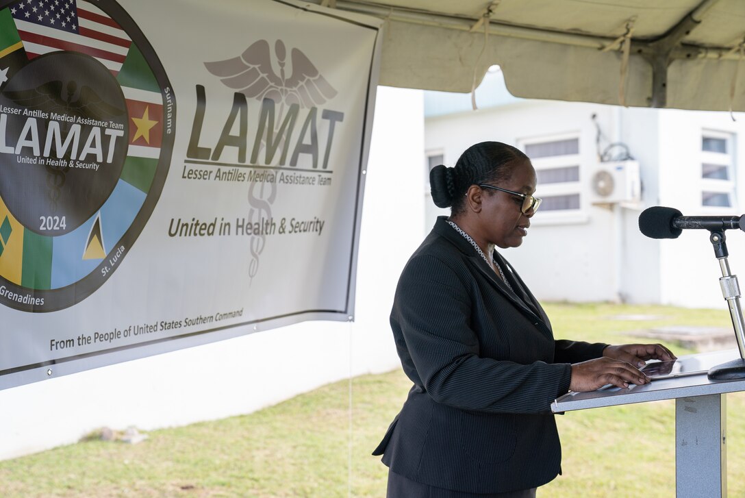Ms. Kaye Bass, permanent secretary, Ministry of Foreign Affairs, delivers opening remarks at Joseph N. France General Hospital during the Lesser Antilles Medical Assistance Team opening ceremony in St. Kitts and Nevis, March 18, 2024. Forty-three U.S. Air Force active duty and reserve Airmen traveled to St. Kitts and Nevis in support of this year’s Lesser Antilles Medical Assistance Team mission, where they will be working alongside host nation counterparts to foster mutual collaboration and provide the best possible care for patients. (U.S. Air Force photo by Capt. Danny Rangel)