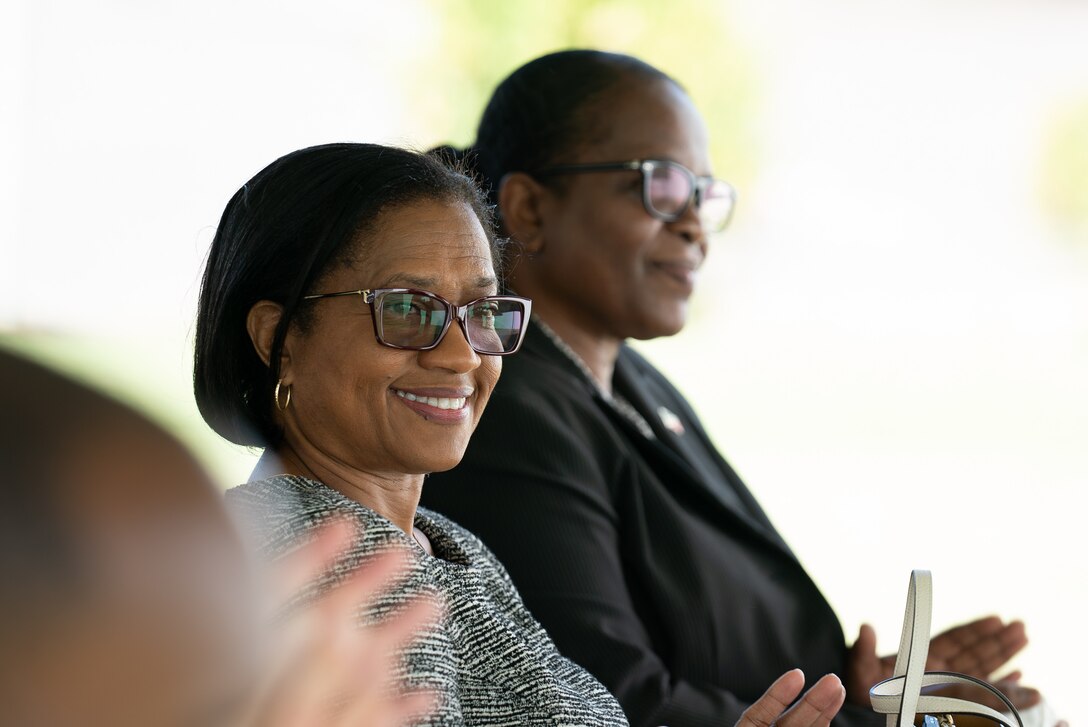 Dr. Hazel Laws, Ministry of Health chief medical officer, applauds a departing speaker at Joseph N. France General Hospital during the Lesser Antilles Medical Assistance Team opening ceremony in St. Kitts and Nevis, March 18, 2024. Forty-three U.S. Air Force active duty and reserve Airmen traveled to St. Kitts and Nevis in support of this year’s Lesser Antilles Medical Assistance Team mission, where they will be working alongside host nation counterparts to foster mutual collaboration and provide the best possible care for patients. (U.S. Air Force photo by Capt. Danny Rangel)