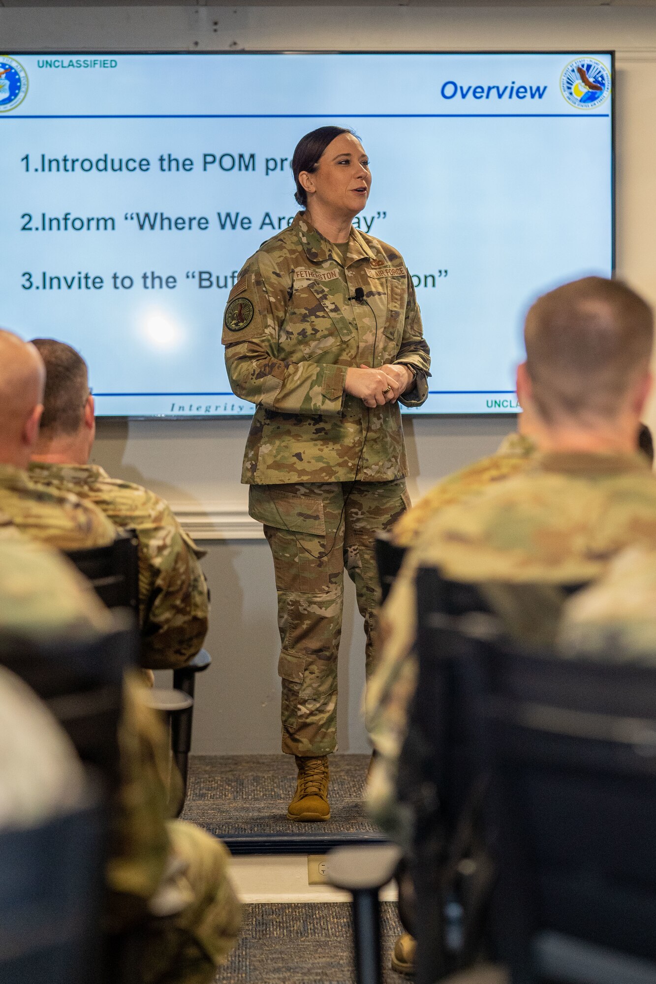 U.S. Air Force Chief Master Sgt. Karen Fetherston, Headquarters Air Force Air Staff strategic plans and programs superintendent, briefs service members about the importance of a budget at the joint weather workshop on Keesler Air Force Base, March 13, 2024.
