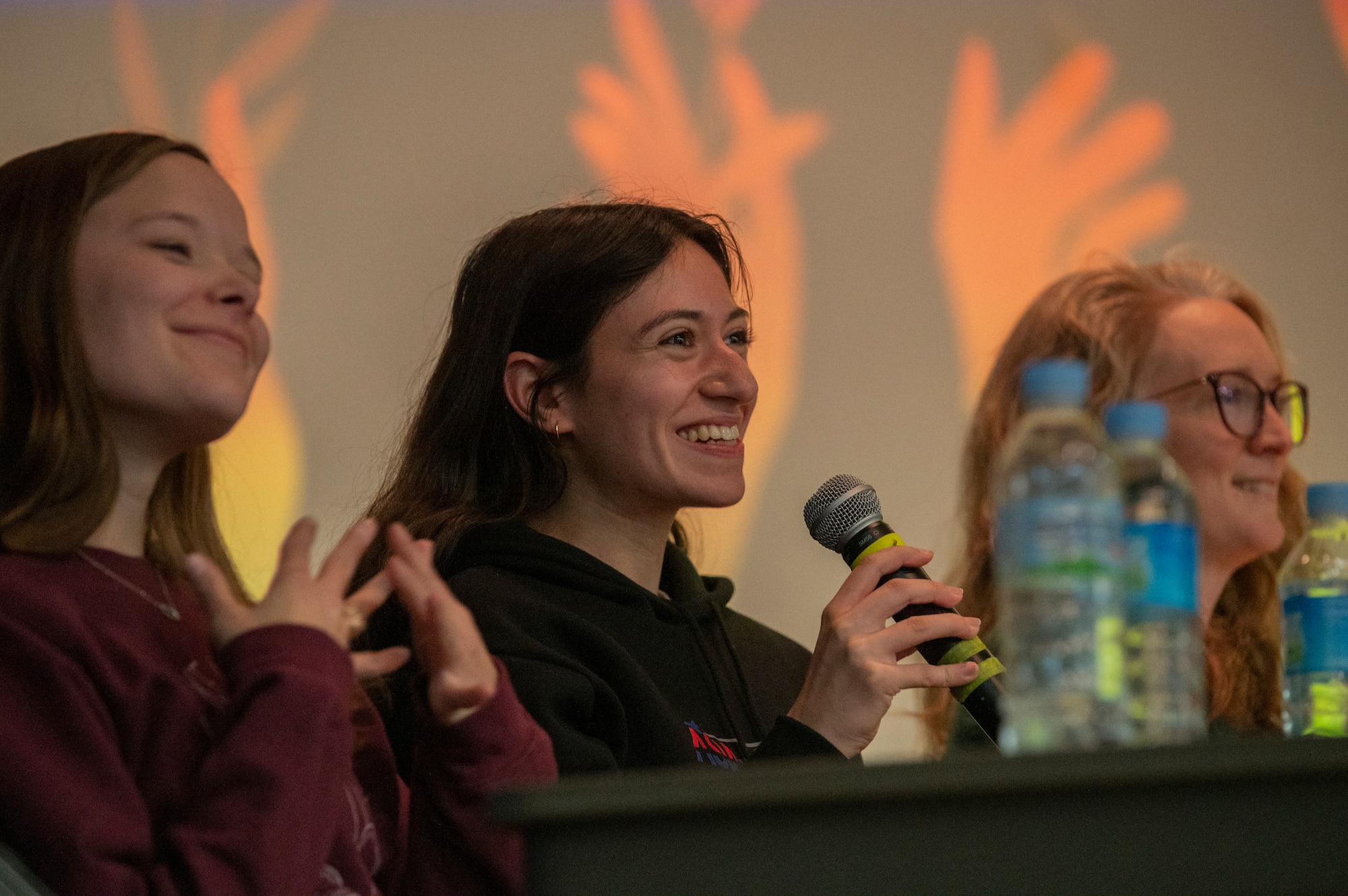 Julie Christopoulos, NASA air quality forecaster, answers questions as part of a Women’s History Month panel at Osan Air Base, Republic of Korea, March 8, 2024.