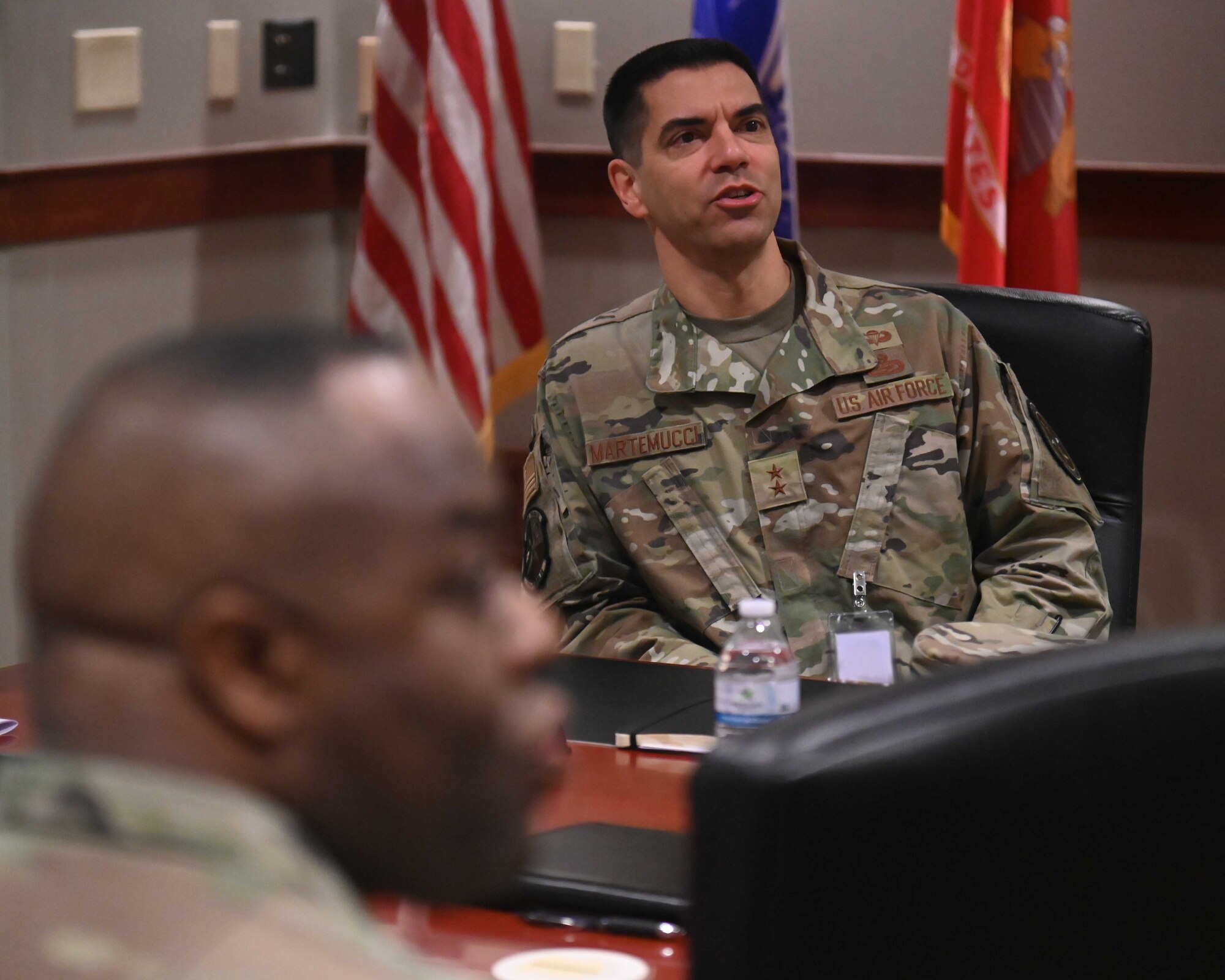 U.S. Air Force Maj. Gen. Matteo Martemucci, Deputy Chief, Central Security Service, National Security Agency, attends a Wing Mission Brief at Goodfellow Air Force Base, Texas Feb. 29, 2024. 17th Training Wing leadership briefed Maj. Gen. Martemucci on the history and evolution of Goodfellow AFB. (U.S. Air Force photo by Airman James Salellas)