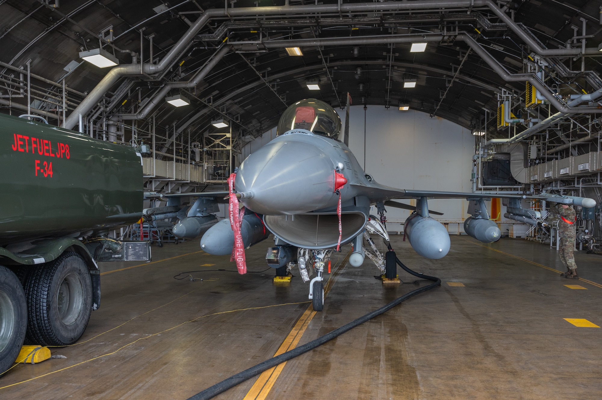 U.S. Air Force Staff Sgt. Tyler Miller, 36th Fighter Generation Squadron crew chief, conducts a basic post flight inspection during the Ninja Mustang training event at Misawa Air Base, Japan, March 6, 2024. Ninja Mustang is a training event where members of the 51st FW integrate with other units throughout the pacific theater to develop the lethality and coordination of U.S. Air Force squadrons in the region. The 25th FS organized Ninja Mustang to develop Airmen capable of implementing agile combat employment, which includes operational maneuvers to increase survivability while generating combat power. (U.S. Air Force photo by Airman 1st Class Chase Verzaal)