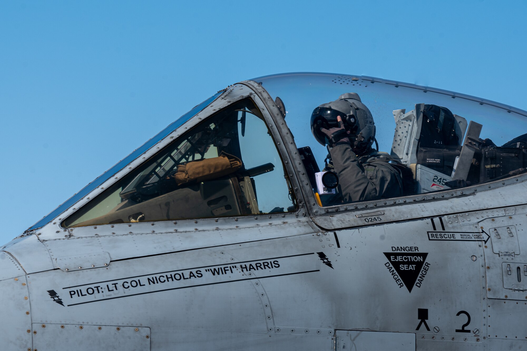 U.S. Air Force Capt. Jacob Stafford, 25th Fighter Squadron A-10C Thunderbolt II pilot, taxis a runway during the Ninja Mustang training event at Misawa Air Base, Japan, March 7, 2024. During the event, the 25th, 36th and 13th Fighter Squadrons partnered to utilize the operational capabilities of the 51st FW after relocating to other bases within the pacific. Ninja Mustang is a training event where members of the 51st FW integrate with other units throughout the pacific theater, to develop the lethality and coordination of the U.S. Air Force and its allies in the pacific. (U.S. Air Force photo by Airman 1st Class Chase Verzaal)