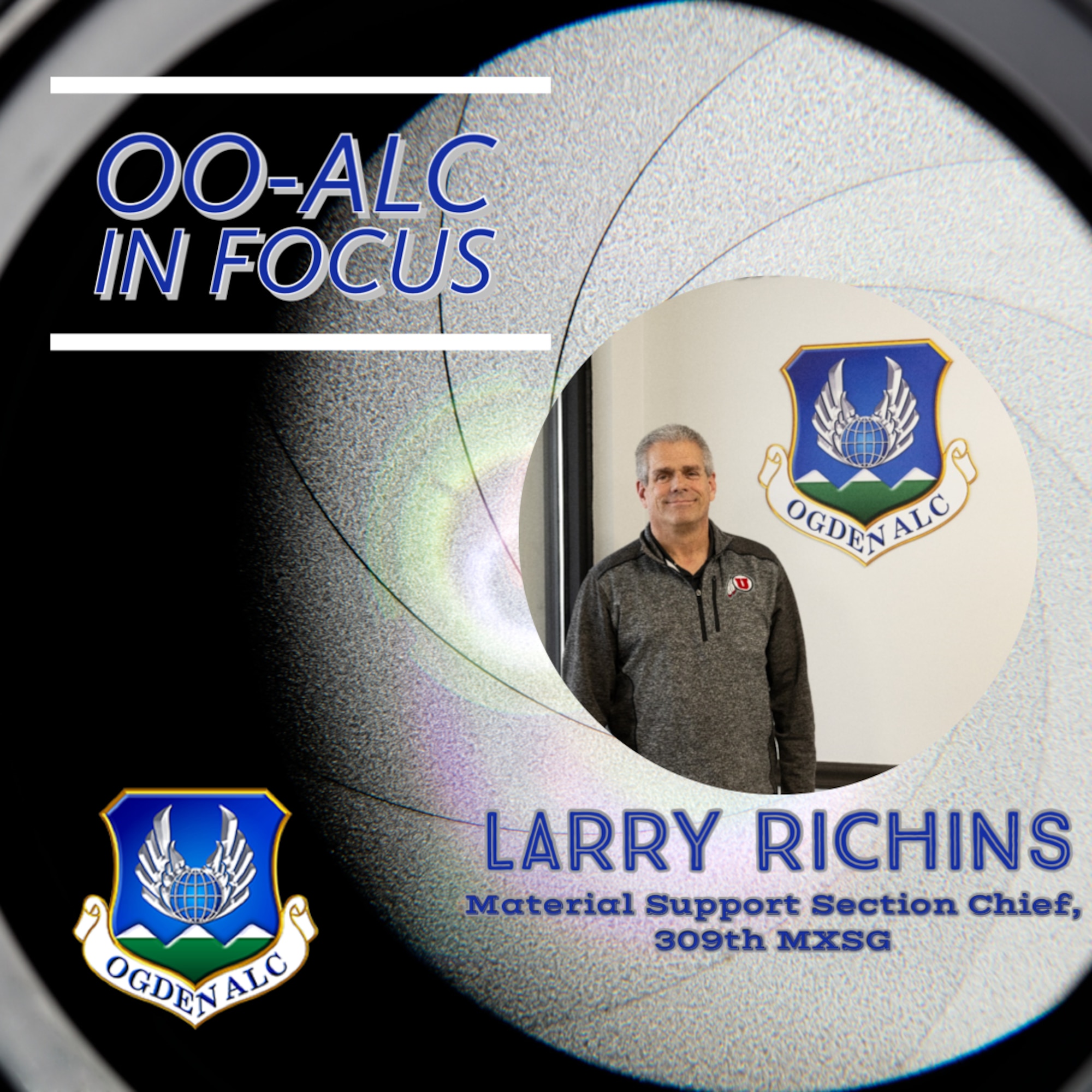 A graphic featuring the Ogden ALC emblem and a portrait of Larry Richins, along with his name and duty title.