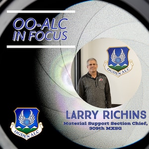 A graphic featuring the Ogden ALC emblem and a portrait of Larry Richins, along with his name and duty title.