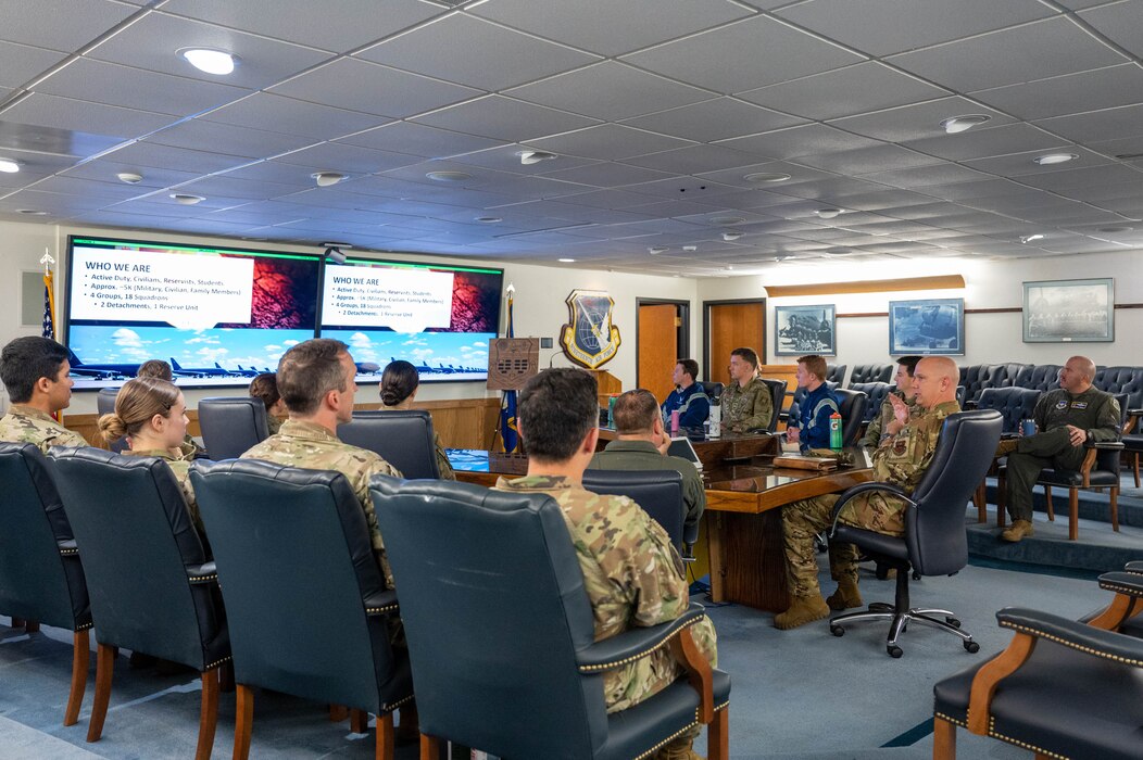 U.S. Air Force Col. Jeff Marshall, 97th Air Mobility Wing (AMW) commander, welcomes Air Force ROTC cadets and cadre from Baylor University during a base tour at Altus Air Force Base, Oklahoma, March 15, 2024. Marshall shared the mission of the 97th AMW and answered questions. (U.S. Air Force photo by Airman 1st Class Heidi Bucins).