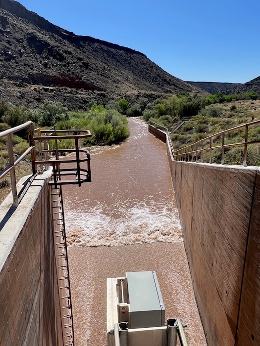 A rare view of water flowing through the Jemez Canyon Dam outlet works, near Rio Rancho, N.M., June 16, 2023. Photo by Chris Carroll, geologist, Geotechnical Engineering Section.