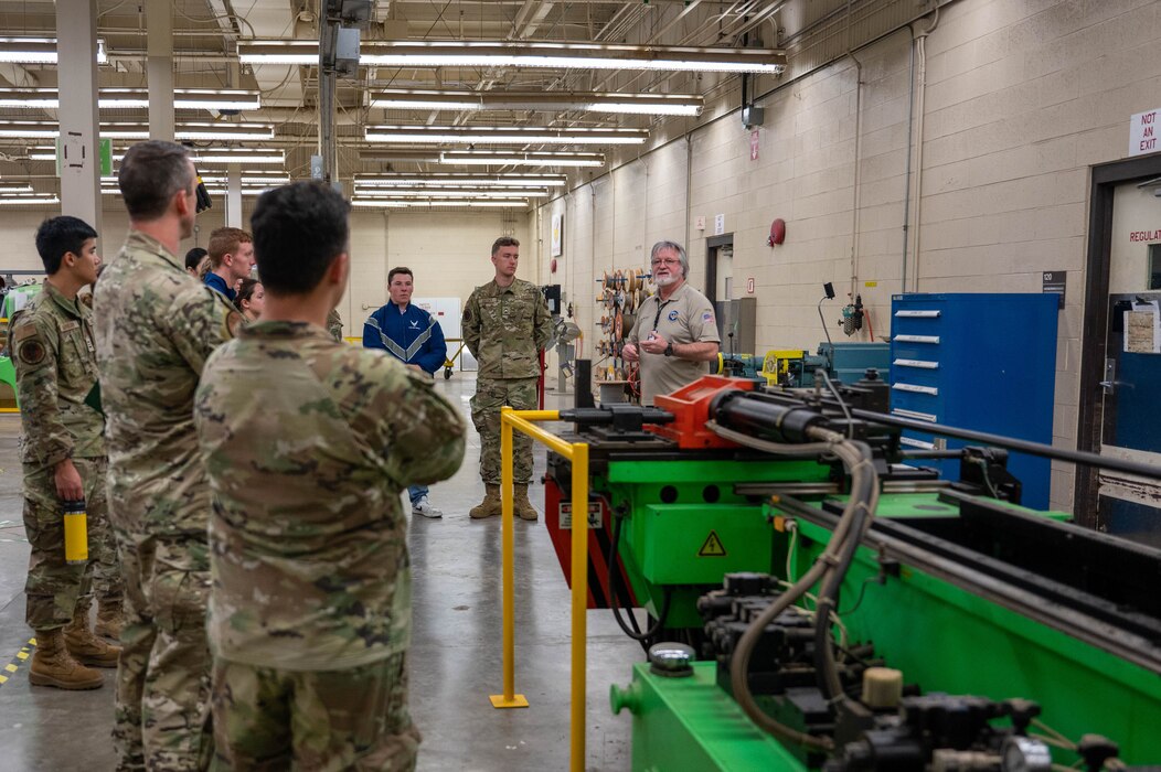 John Hatchell, 97th Maintenance Squadron fabrication flight chief, shows Air Force ROTC cadets from Baylor University, industrial metal equipment during a tour at Altus Air Force
Base, Oklahoma, March 15, 2024. The cadets learned about multiple processes involved in maintaining aircraft at the 97th Air Mobility Wing. (U.S. Air Force photo by Airman 1st Class
Heidi Bucins)