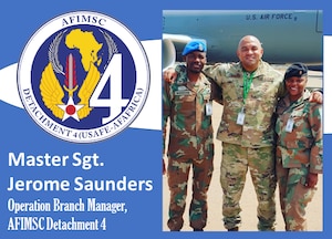graphic with photo of Saunders with two partner nation members and AFIMSC Det. 4 shield