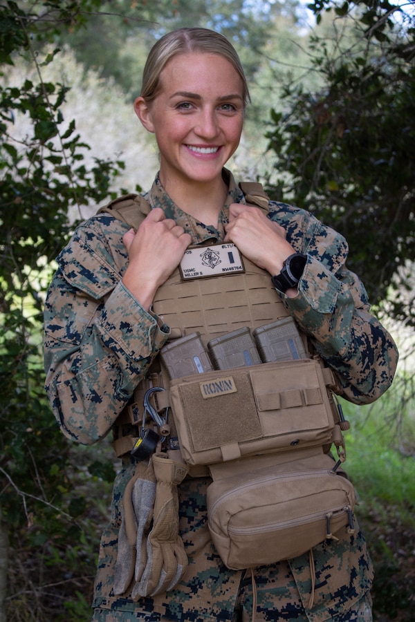 U.S. Marine Corps 1st Lt. Samantha Miller, a ground intelligence officer with 1st Battalion, 4th Marine Regiment, 1st Marine Division poses for a photo at Marine Corps Base Camp Pendleton, California, March 14, 2024. Miller is a scout sniper platoon commander and a native of Arizona. (Courtesy photo by Sgt. Drew Reider)