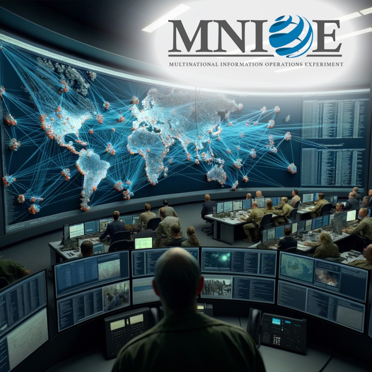 Graphic art image of large operations center with screens across back walls, desks in rows across the room populated by persons viewing screens on their desk.  Large graphic in top right "MNIOE".