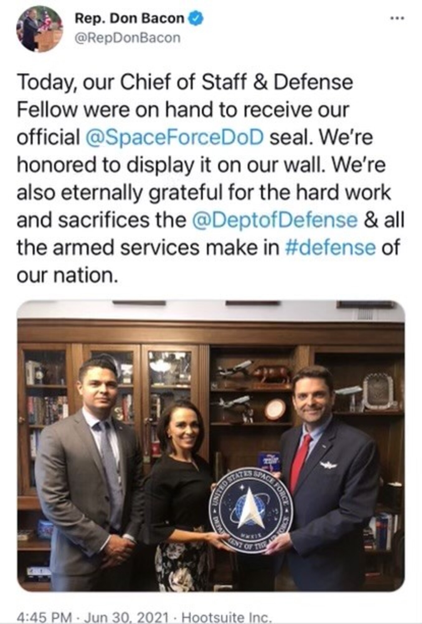 U.S. Congressman Don Bacon tweets about the delivery of the U.S. Space Force symbol, held by U.S. Air Force Lt. Col. Danielle Merritt, currently serving as the 9th Operational Medical Readiness Squadron commander, to Congress, 2021.