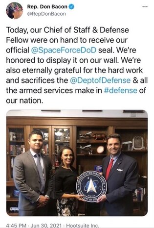 U.S. Congressman Don Bacon tweets about the delivery of the U.S. Space Force symbol, held by U.S. Air Force Lt. Col. Danielle Merritt, currently serving as the 9th Operational Medical Readiness Squadron commander, to Congress, 2021.