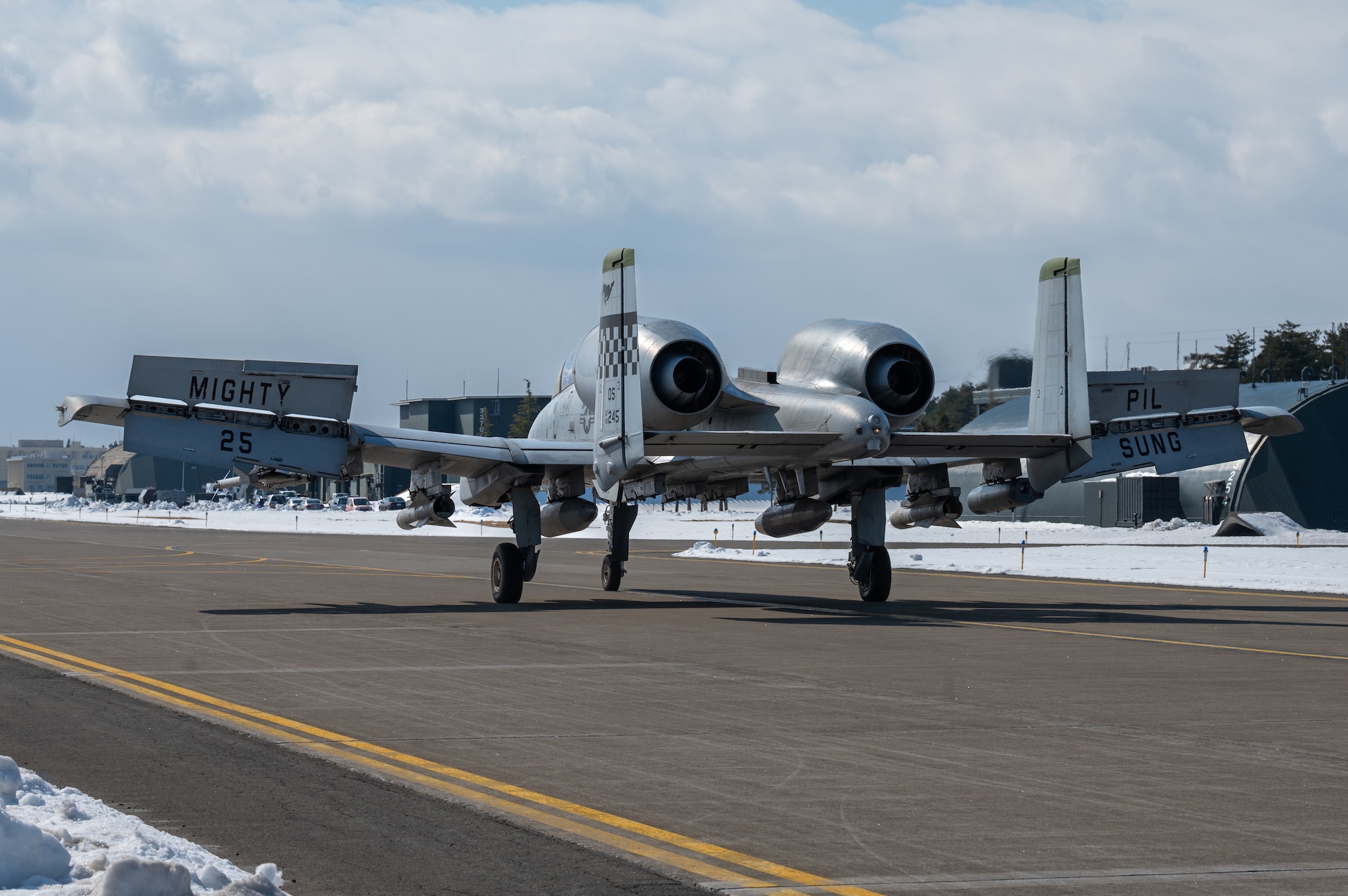 U.S. Air Force Capt. Jacob Stafford, 25th Fighter Squadron A-10C Thunderbolt II pilot, taxis a runway during the Ninja Mustang training event at Misawa Air Base, Japan, March 7, 2024. During the event, 51st Fighter Wing pilots trained with realistic enemy targeting systems to simulate combat scenarios, enhancing their operational readiness for real-world contingency operations. Ninja Mustang is a training event where members of the 51st FW integrate with other units throughout the pacific theater, to develop the lethality and coordination of the U.S. Air Force and its allies in the pacific. (U.S. Air Force photo by Airman 1st Class Chase Verzaal)