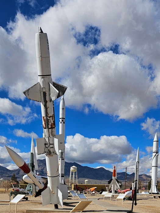 Rockets and missiles on exhibit in the outdoor park of the White Sands Missile Range Museum, Jan. 25, 2024. Photo by Keith Winemiller, environmental engineer in the Environmental Engineering Section.