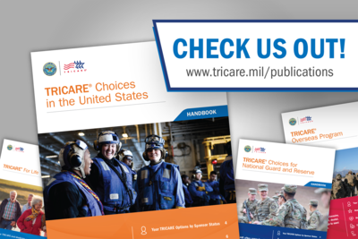 Collage image that displays the cover of the TRICARE Choices in the United States Handbook in front of other TRICARE handbooks.