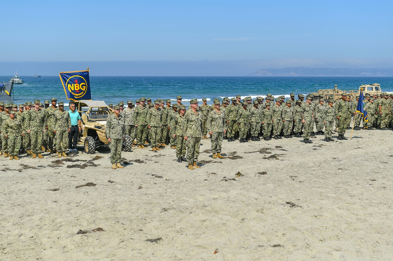 Sailors stand at attention on a beach.