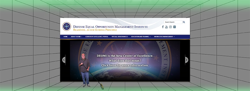 Website banner for introduction video for DEOMI's website. Man standing in front of website page holding a broom in a 3 dimensional grid.