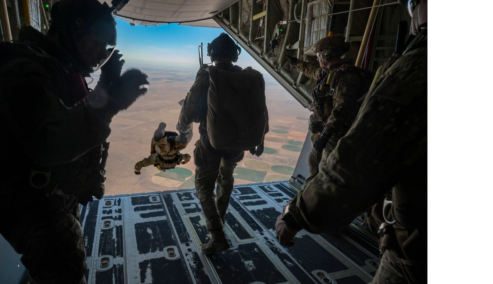 A Special Tactics Airman assigned to the 24th Special Operations Wing conducts a military free fall over Cannon Air Force Base, New Mexico on March 1, 2024. Supported by U.S. Special Operations Command, Emerald Warrior is a joint special operations exercise that prepares U.S. Special Operations Command forces, Conventional Enablers, Partner Forces, and Interagency Elements to respond to various threats across the spectrum of conflict. (U.S. Air Force Photo by Senior Airman Natalie Vandergriff)