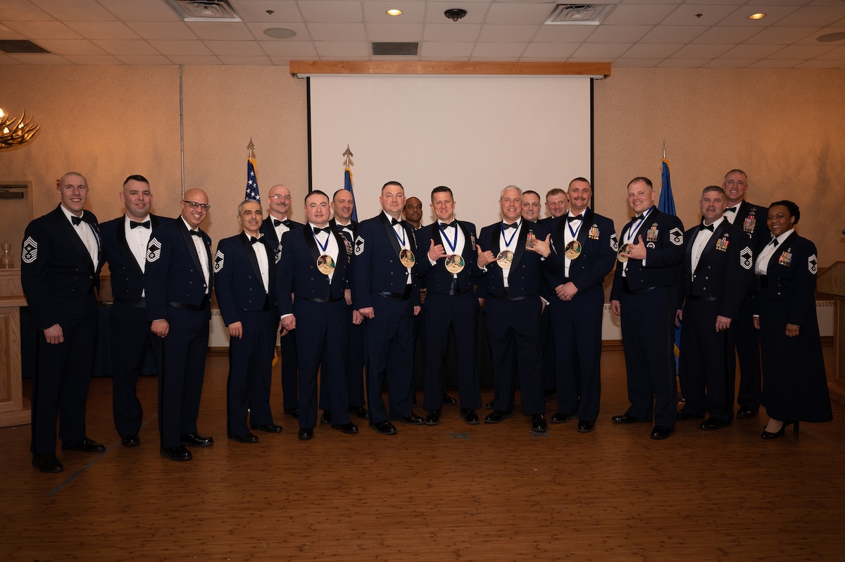 U.S. Air Force Chief Master Sergeants from the 354th Fighter Wing pose for a group photo during a chief recognition ceremony at Eielson Air Force Base, Alaska, March 1, 2024. The ceremony welcomed six new Chief Master Sergeants out of the 506 senior master sergeants selected for promotion. The rank of Chief Master Sergeant is a strategic leadership position that has a tremendous influence in developing personal leadership and management skills in Airmen at all levels. In this testing cycle, only 506 of the 2,249 eligible U.S. senior master sergeants were selected for promotion making up less than 23%.  The rank of Chief Master Sergeant is mandated to take up no more than 1% of the enlisted force structure. (U.S. Air Force photo by Airman Spencer Hanson)