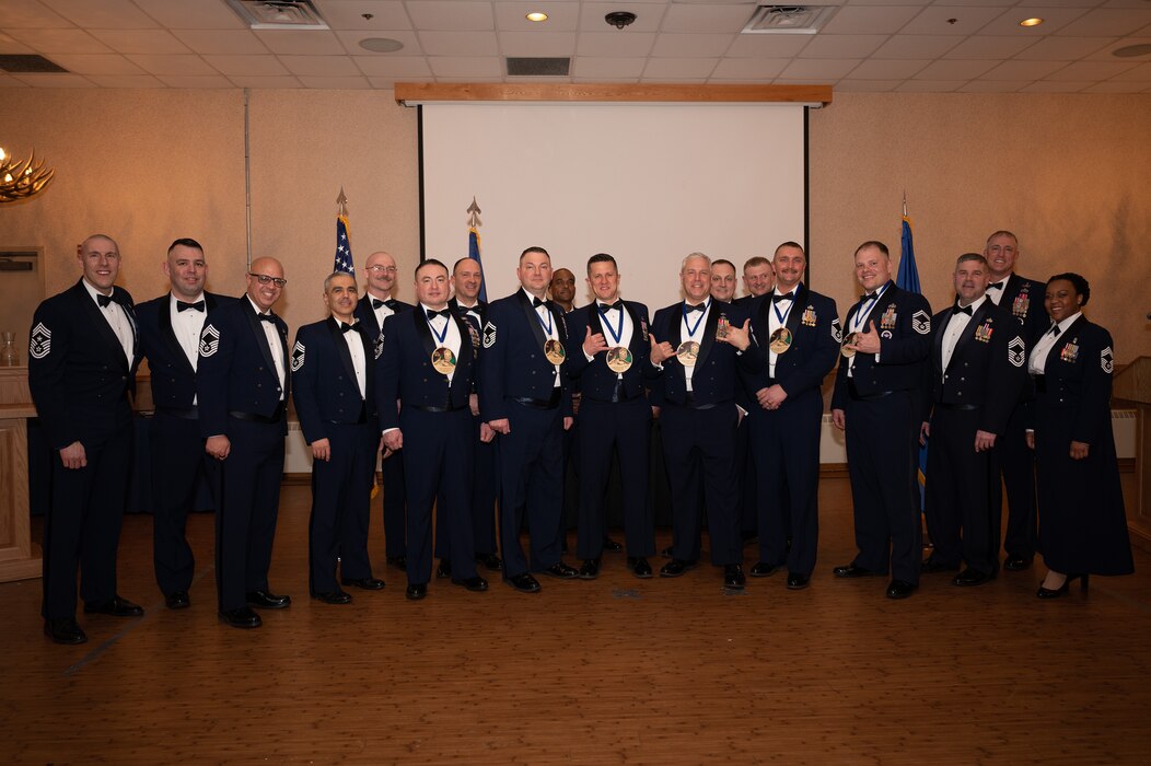 U.S. Air Force Chief Master Sergeants from the 354th Fighter Wing pose for a group photo during a chief recognition ceremony at Eielson Air Force Base, Alaska, March 1, 2024. The ceremony welcomed six new Chief Master Sergeants out of the 506 senior master sergeants selected for promotion. The rank of Chief Master Sergeant is a strategic leadership position that has a tremendous influence in developing personal leadership and management skills in Airmen at all levels. In this testing cycle, only 506 of the 2,249 eligible U.S. senior master sergeants were selected for promotion making up less than 23%.  The rank of Chief Master Sergeant is mandated to take up no more than 1% of the enlisted force structure. (U.S. Air Force photo by Airman Spencer Hanson)