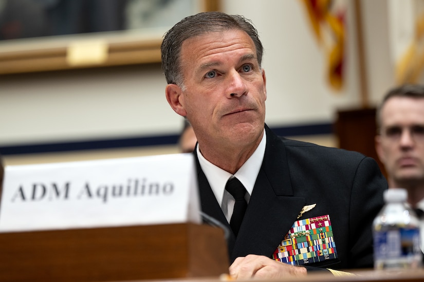 A man in a military uniform looks to his left.