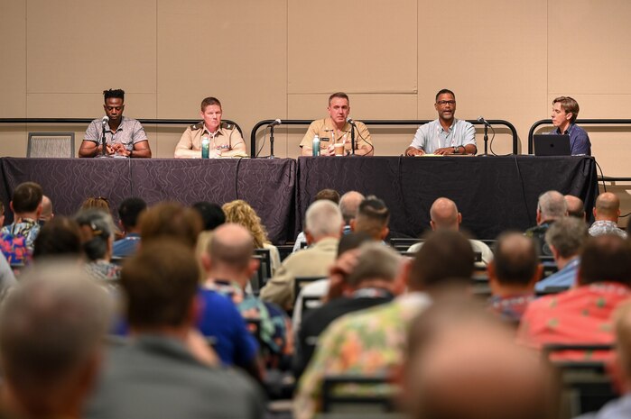 240320-N-ZZ099-1001 HONOLULU, Hawaii (March 5, 2024) Dr. Andre J. Stridiron III, U.S. Indo-Pacific Command Pacific Multi-Domain Training & Experimentation Capability (PMTEC) program manager, responds to audience questions during a panel discussion held at the NDIA Pacific Operational Science & Technology (POST) 24 Conference at the Hawaii Convention Center March 5, 2024. PMTEC enables Joint, Combined, and Coalition warfighters to realistically rehearse fighting in highly contested all-domain environments against peer adversary capabilities to support integrated deterrence. (Courtesy photo)