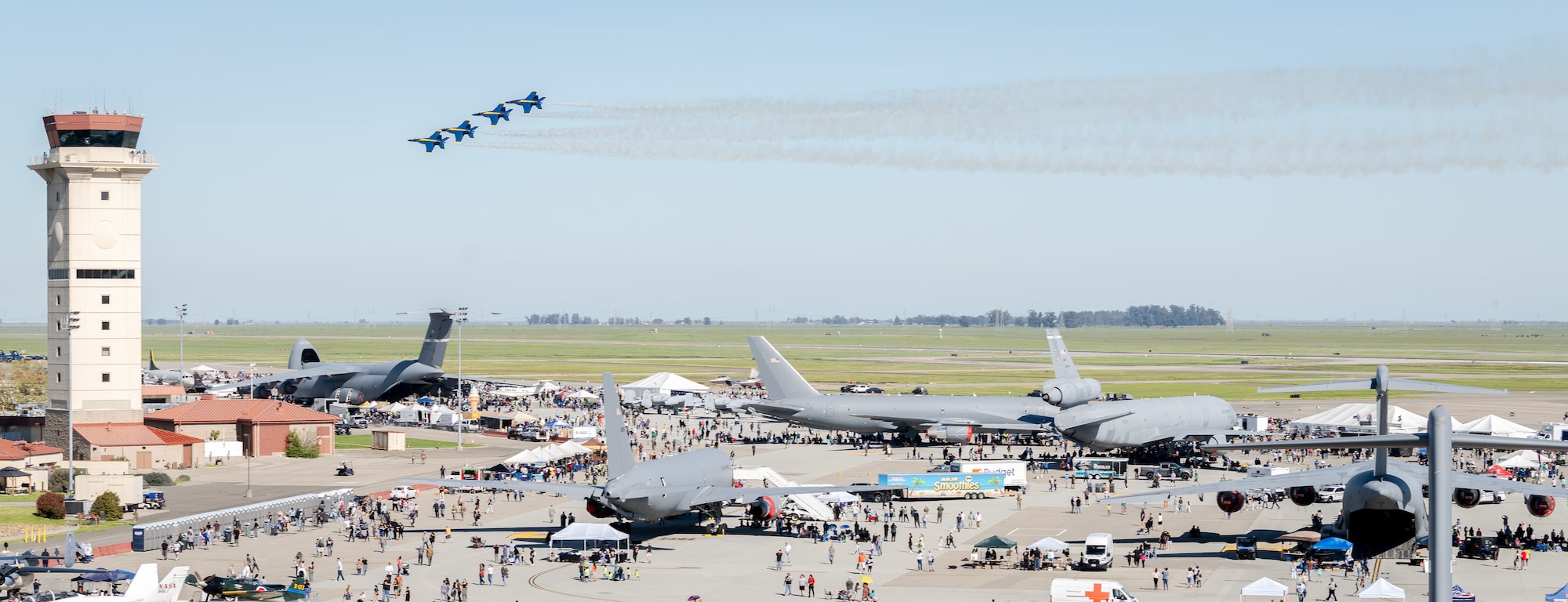 An aerial view of the Travis Air Force Base flight line during the air show