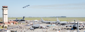 An aerial view of the Travis Air Force Base flight line during the air show