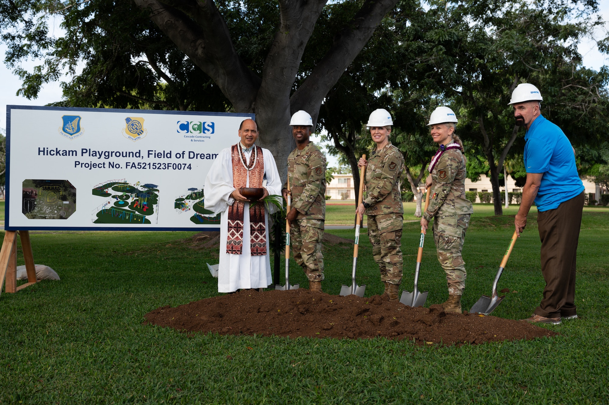 Pacific Air Forces and Joint Base Pearl Harbor-Hickam leadership participated in a groundbreaking ceremony with the project contractor at Joint Base Pearl Harbor-Hickam, Hawaii, March 14, 2024. The Hickam Field of Dreams playground, the first of its kind on Oahu, is designed to encourage parents and caregivers to play with children of all physical and cognitive abilities. (U.S. Air Force photo by Staff Sgt. Alan Ricker)