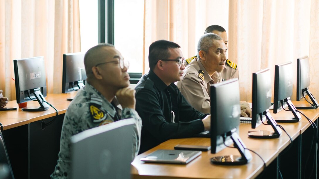 Members of the Royal Thai Navy Fleet Force attend a class during a subject matter expert exchange between Pacific Marines and Royal Thai military cyber personnel in Sattahip, Thailand, Feb. 19-23, 2024. The exchange represents a crucial step forward in advancing defensive cyber operations and fostering stronger partnerships with our Allies in the Indo-Pacific region. (Courtesy photo by Public Affairs personnel of the Royal Thai Marine Corps Headquarters base)