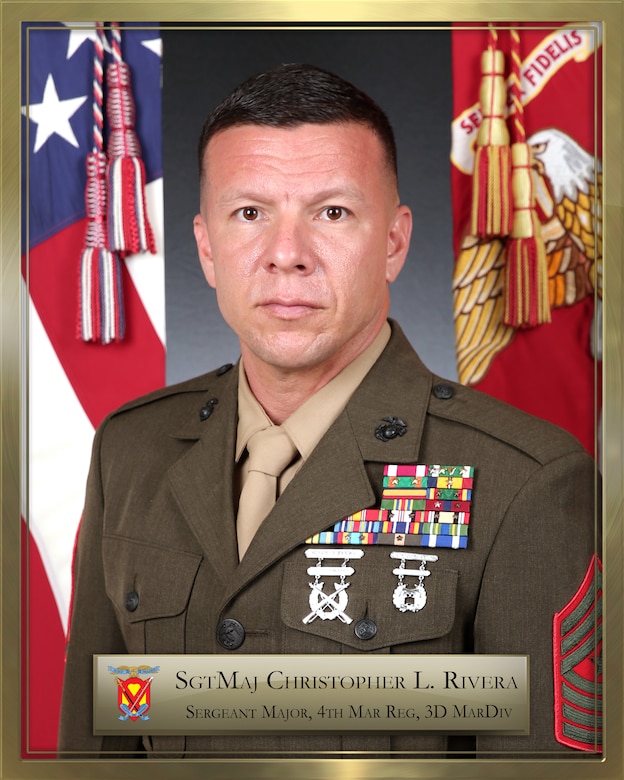 Sergeant Major Christopher L. Rivera's command board photo for 4th Marine Regiment, 3d Marine Division.