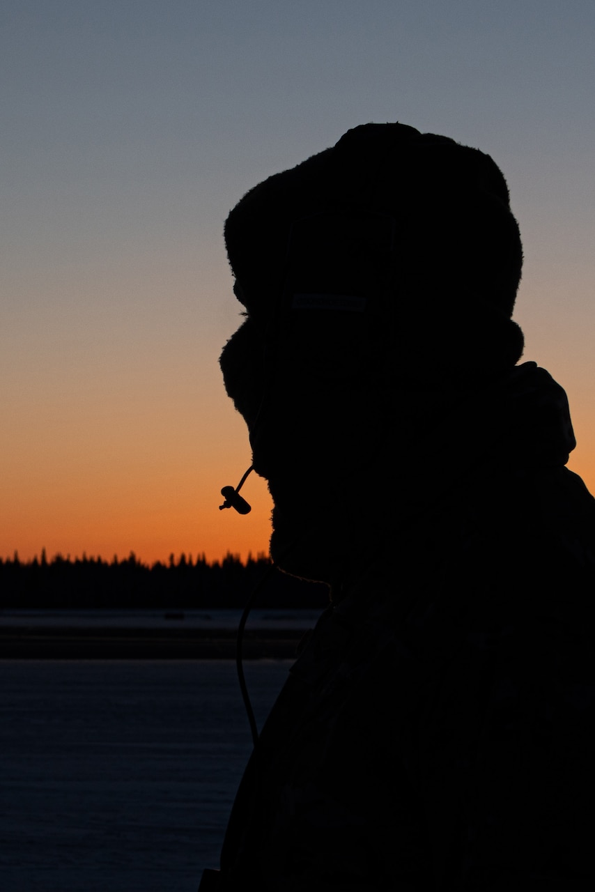 A side profile of an airman as seen in silhouette.