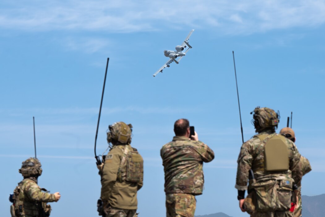 A U.S. Air Force A-10 Thunderbolt II assigned to the 25th Fighter Squadron flies over an emergency landing strip during routine training at Namji, Republic of Korea, March 13, 2024. The training focused on honing skills in executing agile combat employment techniques. ACE is crucial for operational effectiveness from dispersed forward operating locations, ensuring the 51st Fighter Wing remains ready to “Fight Tonight” any time, anywhere. (U.S. Air Force photo by Senior Airman Brittany Russell)