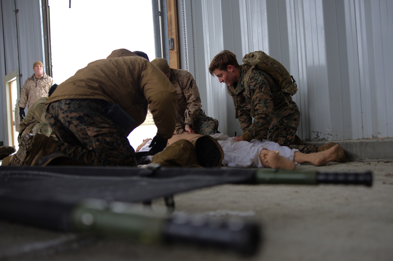 Sailors asses a simulated casualty during a mass casualty drill.